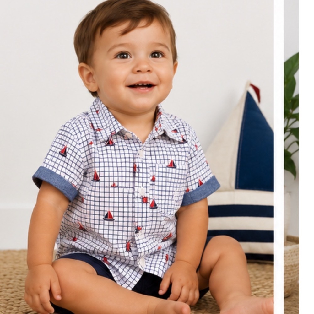 Vintage Mick Mack Toddler Sailboat Button Up Shirt 18M Nautical Cotton classic